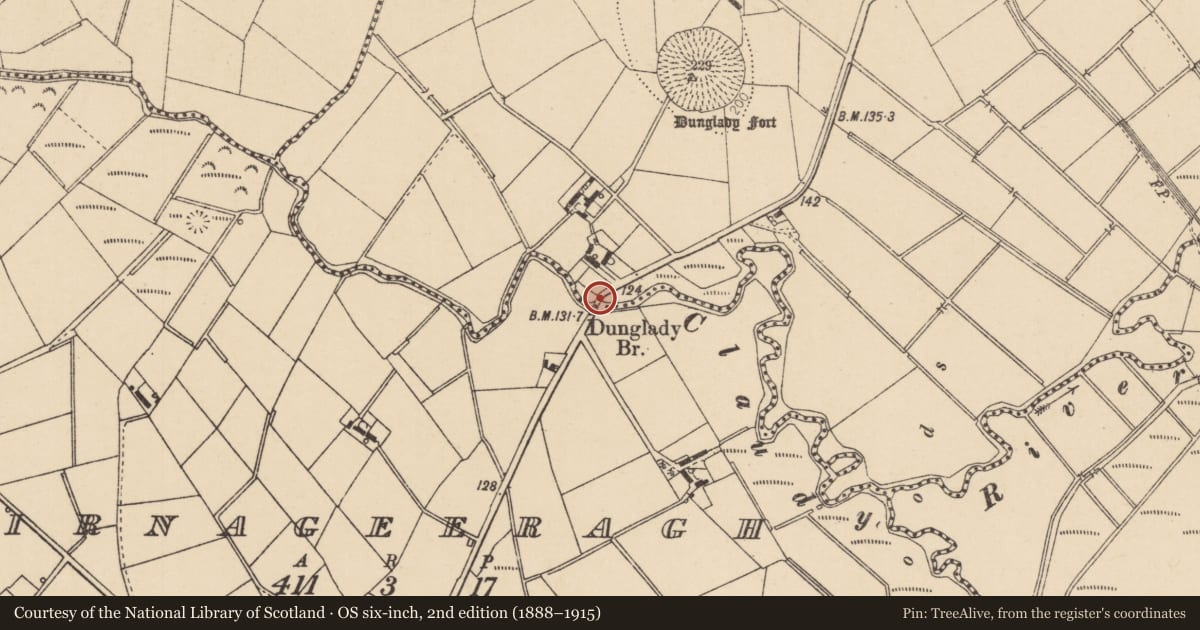 Ordnance Survey six-inch map, 2nd edition (1888–1915) covering the location of Dunglady Bridge, Mid Ulster, with a pin at the register's coordinates
