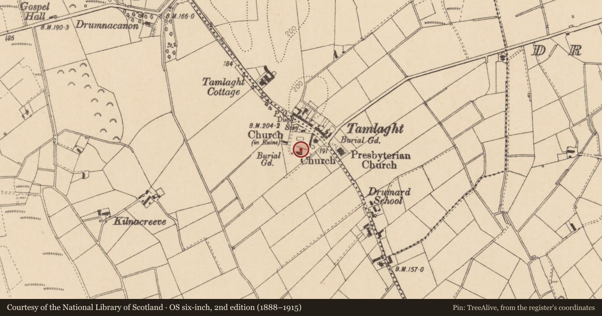 Ordnance Survey six-inch map, 2nd edition (1888–1915) covering the location of Tamlaght O'Crilly Church, Mid Ulster, with a pin at the register's coordinates