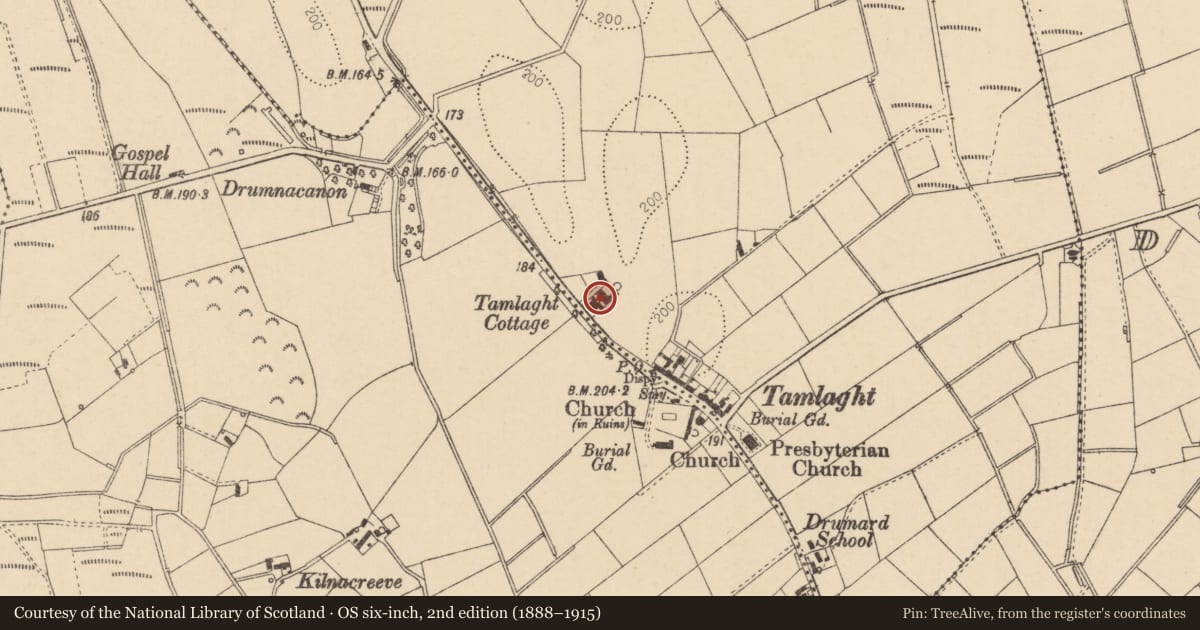 Ordnance Survey six-inch map, 2nd edition (1888–1915) covering the location of Tamlaght Cottage, Mid Ulster, with a pin at the register's coordinates