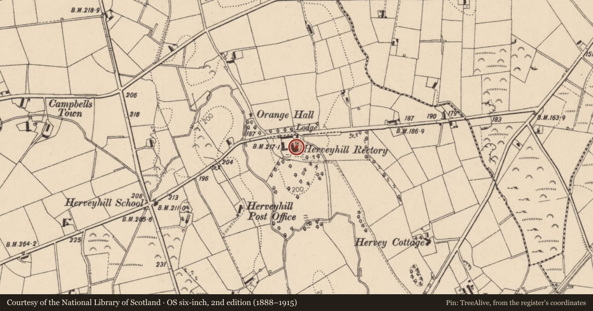 Ordnance Survey six-inch map, 2nd edition (1888–1915) covering the location of Hervey Hill Rectory, Mid Ulster, with a pin at the register's coordinates