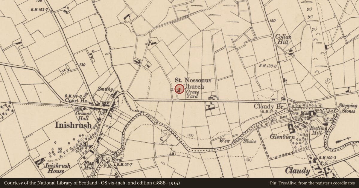 Ordnance Survey six-inch map, 2nd edition (1888–1915) covering the location of St. Nossonus' Tamlaght O'Crilly Lower Parish Church, Mid Ulster, with a pin at the register's coordinates