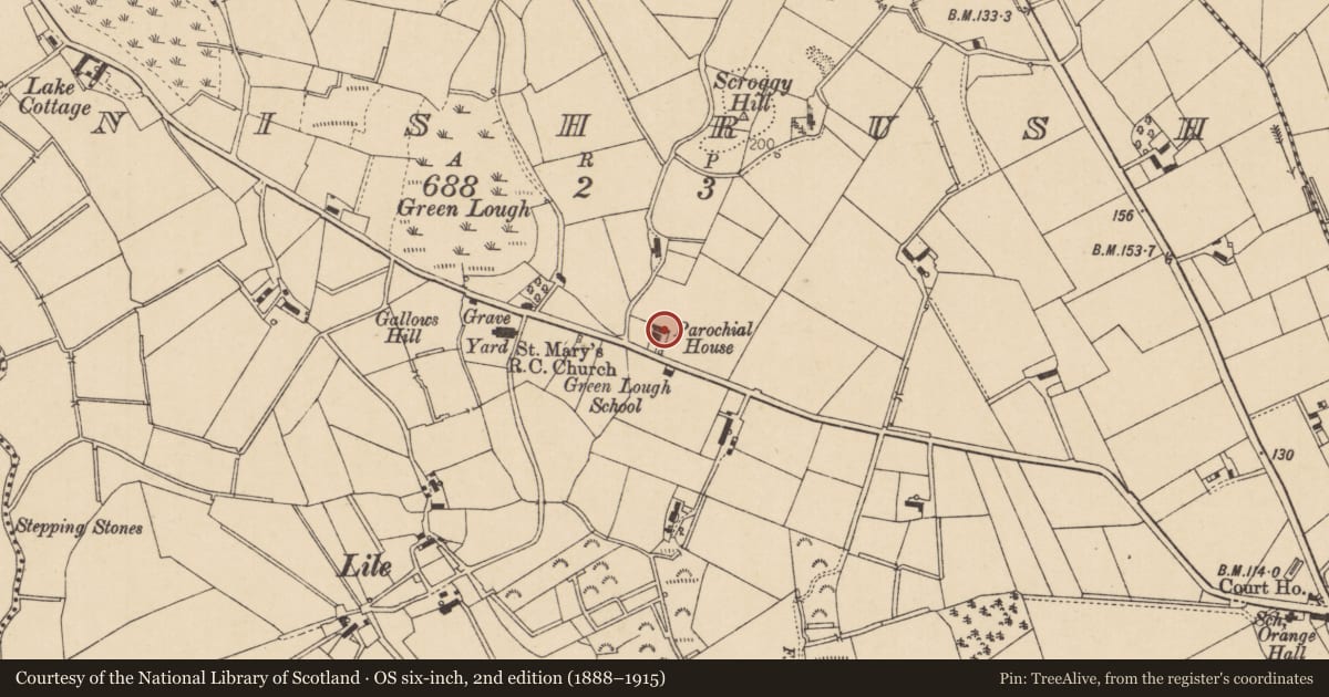 Ordnance Survey six-inch map, 2nd edition (1888–1915) covering the location of Parochial House, Mid Ulster, with a pin at the register's coordinates