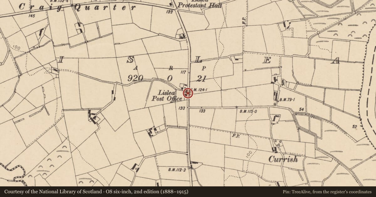 Ordnance Survey six-inch map, 2nd edition (1888–1915) covering the location of Lislea Post Office, Mid Ulster, with a pin at the register's coordinates