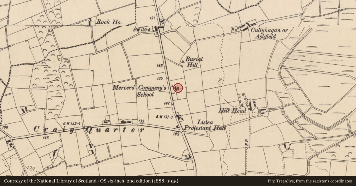 Ordnance Survey six-inch map, 2nd edition (1888–1915) covering the location of Lislea School, Mid Ulster, with a pin at the register's coordinates