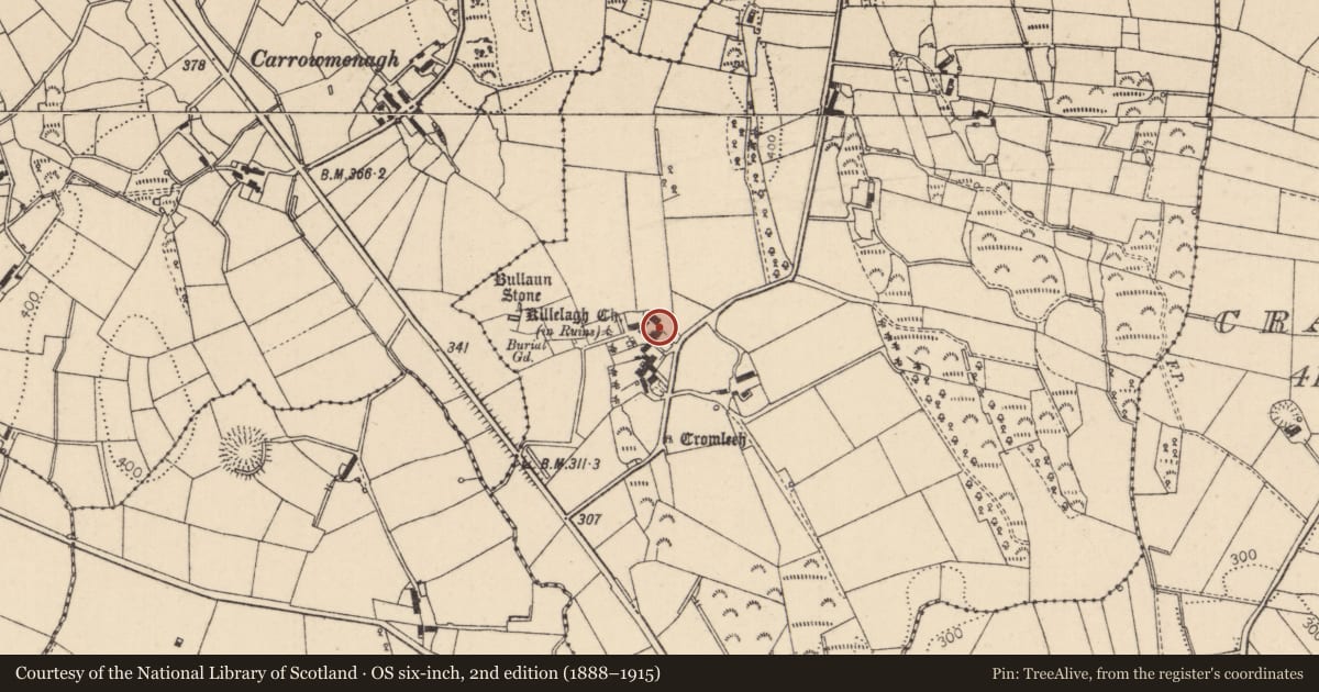 Ordnance Survey six-inch map, 2nd edition (1888–1915) covering the location of 8 Tirnony Road, Mid Ulster, with a pin at the register's coordinates