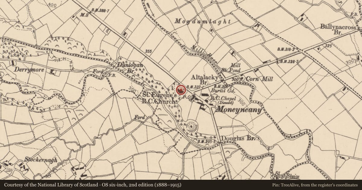 Ordnance Survey six-inch map, 2nd edition (1888–1915) covering the location of St. Eugene'S R C CHURCH, Mid Ulster, with a pin at the register's coordinates