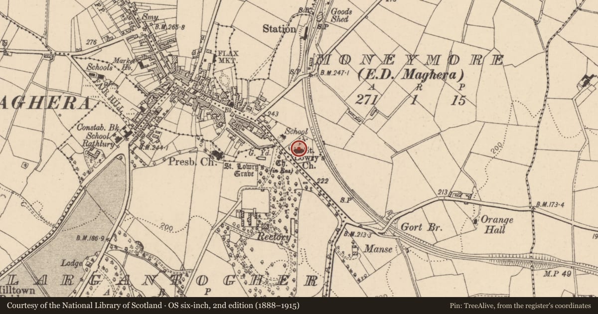 Ordnance Survey six-inch map, 2nd edition (1888–1915) covering the location of St. Lurach'S Church, Mid Ulster, with a pin at the register's coordinates
