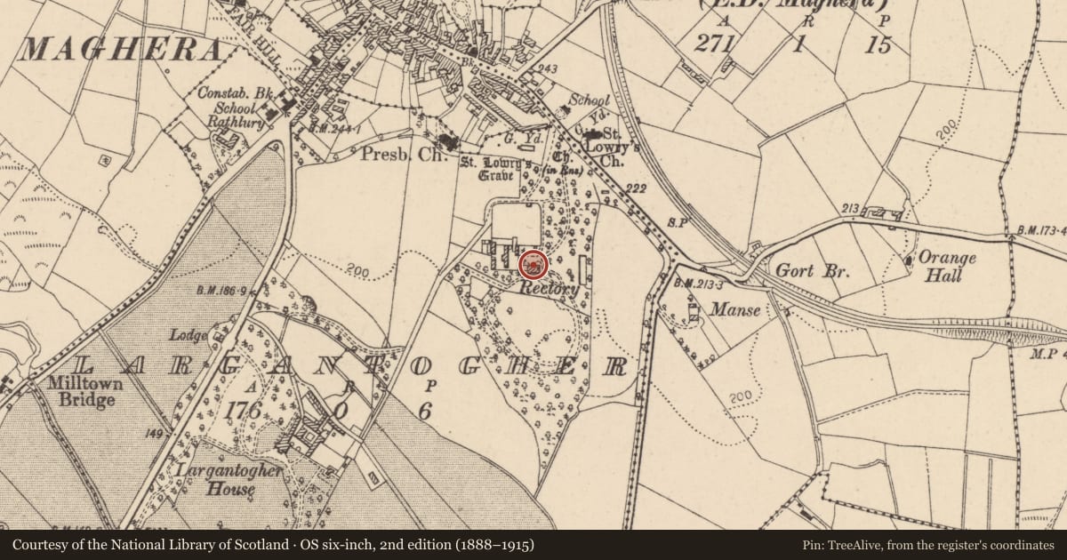 Ordnance Survey six-inch map, 2nd edition (1888–1915) covering the location of The Rectory, Mid Ulster, with a pin at the register's coordinates