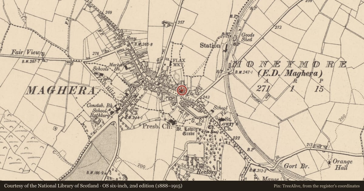 Ordnance Survey six-inch map, 2nd edition (1888–1915) covering the location of Ulster Bank, Mid Ulster, with a pin at the register's coordinates