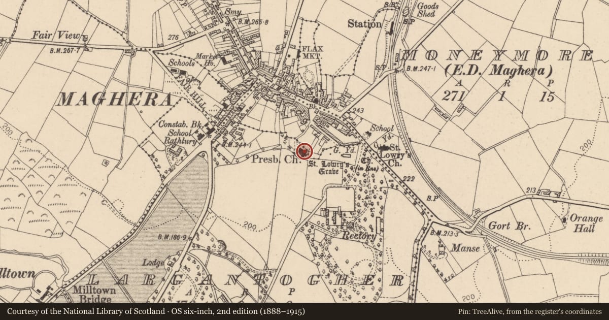 Ordnance Survey six-inch map, 2nd edition (1888–1915) covering the location of Presbyterian Church, Mid Ulster, with a pin at the register's coordinates