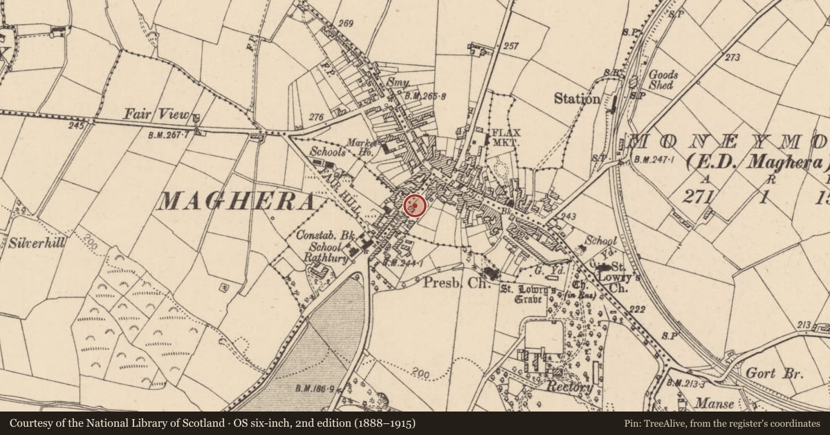 Ordnance Survey six-inch map, 2nd edition (1888–1915) covering the location of 16 Hall St., Craigadick, Mid Ulster, with a pin at the register's coordinates