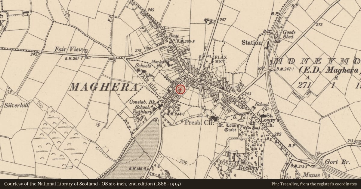 Ordnance Survey six-inch map, 2nd edition (1888–1915) covering the location of 18 Hall St., Mid Ulster, with a pin at the register's coordinates