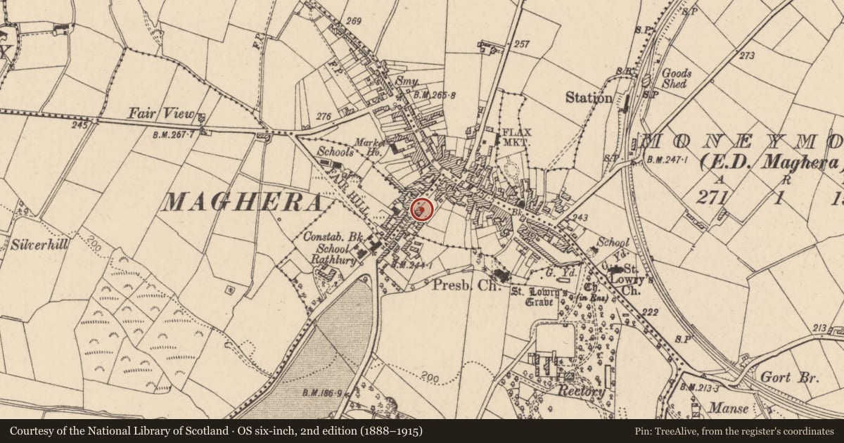 Ordnance Survey six-inch map, 2nd edition (1888–1915) covering the location of 20 Hall St., Mid Ulster, with a pin at the register's coordinates