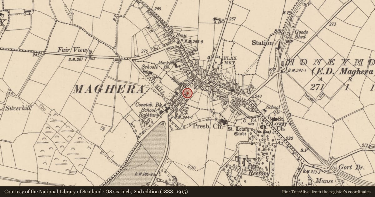 Ordnance Survey six-inch map, 2nd edition (1888–1915) covering the location of 22 Hall St., Mid Ulster, with a pin at the register's coordinates