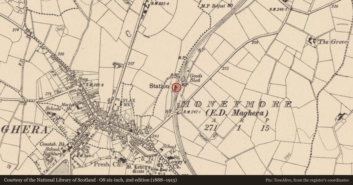 Ordnance Survey six-inch map, 2nd edition (1888–1915) covering the location of Railway Station Complex, Mid Ulster, with a pin at the register's coordinates