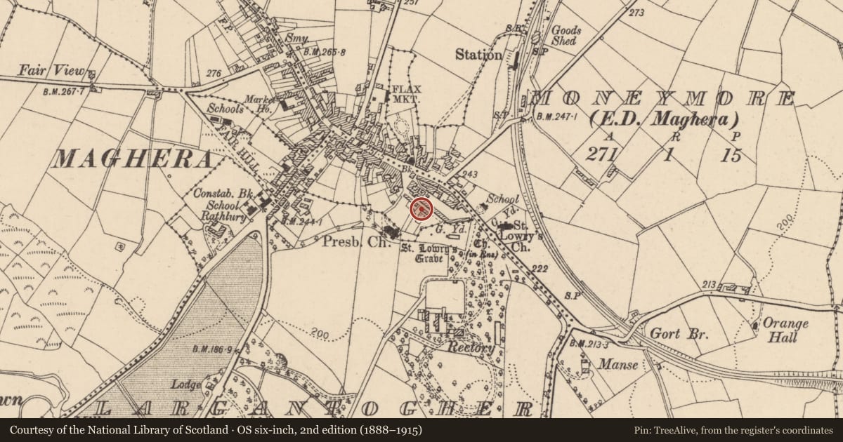 Ordnance Survey six-inch map, 2nd edition (1888–1915) covering the location of Large shed, Largantogher, Mid Ulster, with a pin at the register's coordinates