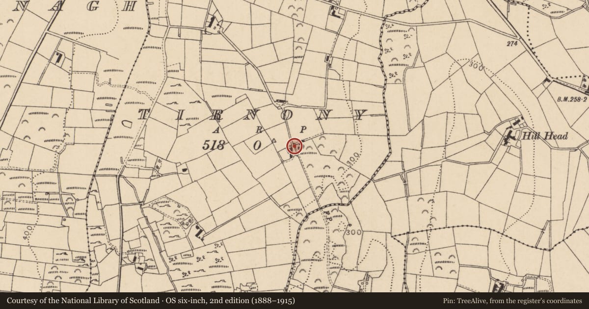 Ordnance Survey six-inch map, 2nd edition (1888–1915) covering the location of Former house, Tirnony, Mid Ulster, with a pin at the register's coordinates
