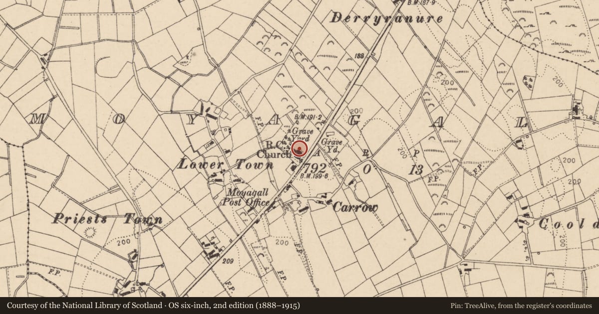 Ordnance Survey six-inch map, 2nd edition (1888–1915) covering the location of St. Mary'S R C Church Moyagall, Mid Ulster, with a pin at the register's coordinates