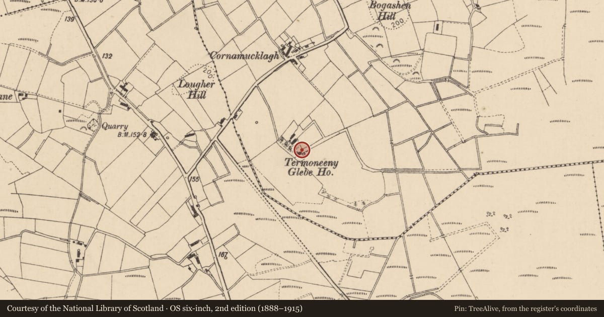 Ordnance Survey six-inch map, 2nd edition (1888–1915) covering the location of Termoneany House, Mid Ulster, with a pin at the register's coordinates