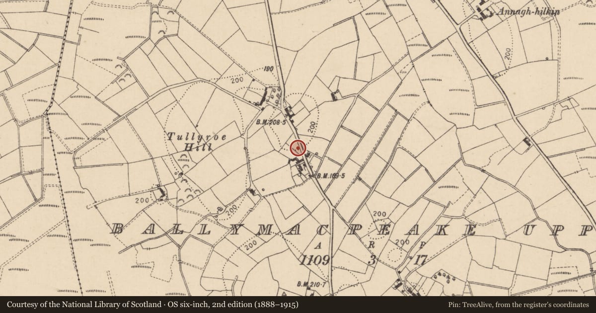 Ordnance Survey six-inch map, 2nd edition (1888–1915) covering the location of Pump at 126 Mullaghboy Road, Ballymacpeake Upper, Mid Ulster, with a pin at the register's coordinates