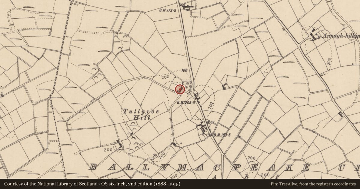Ordnance Survey six-inch map, 2nd edition (1888–1915) covering the location of Pump, Ballymacpeake Upper, Mid Ulster, with a pin at the register's coordinates