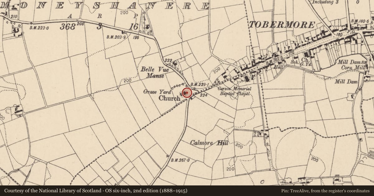 Ordnance Survey six-inch map, 2nd edition (1888–1915) covering the location of St. Crunathan'S Church, Mid Ulster, with a pin at the register's coordinates