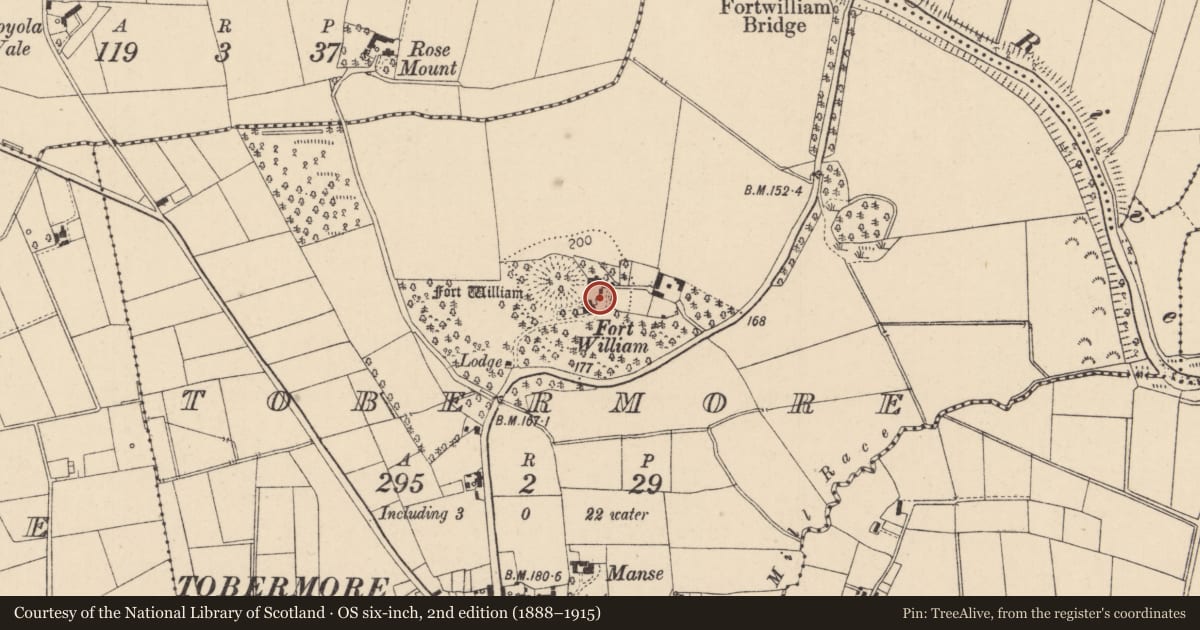 Ordnance Survey six-inch map, 2nd edition (1888–1915) covering the location of FORTWILLIAM, Mid Ulster, with a pin at the register's coordinates