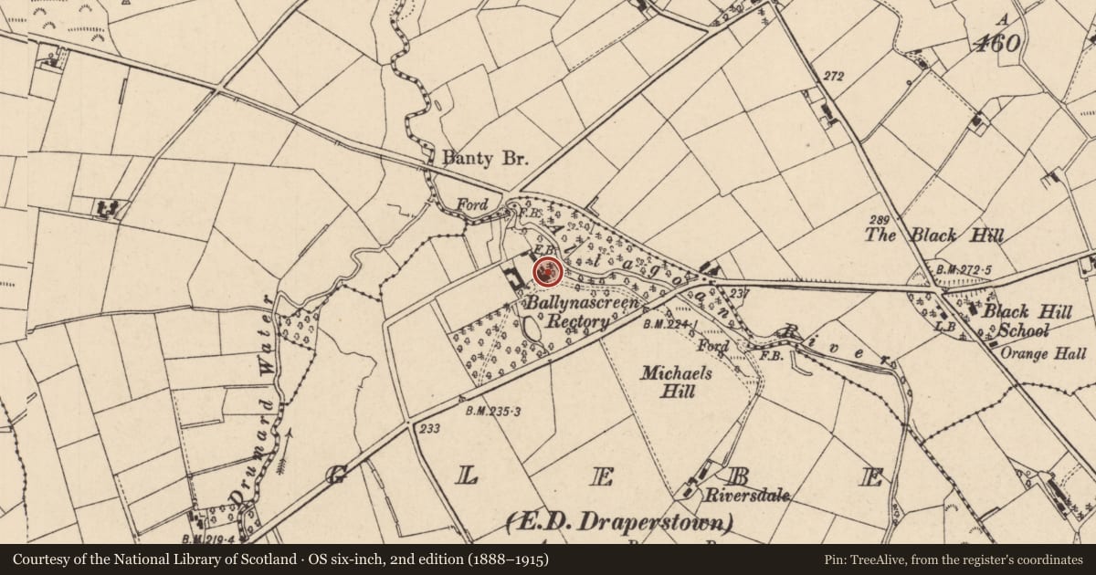 Ordnance Survey six-inch map, 2nd edition (1888–1915) covering the location of Ballynascreen House, Mid Ulster, with a pin at the register's coordinates