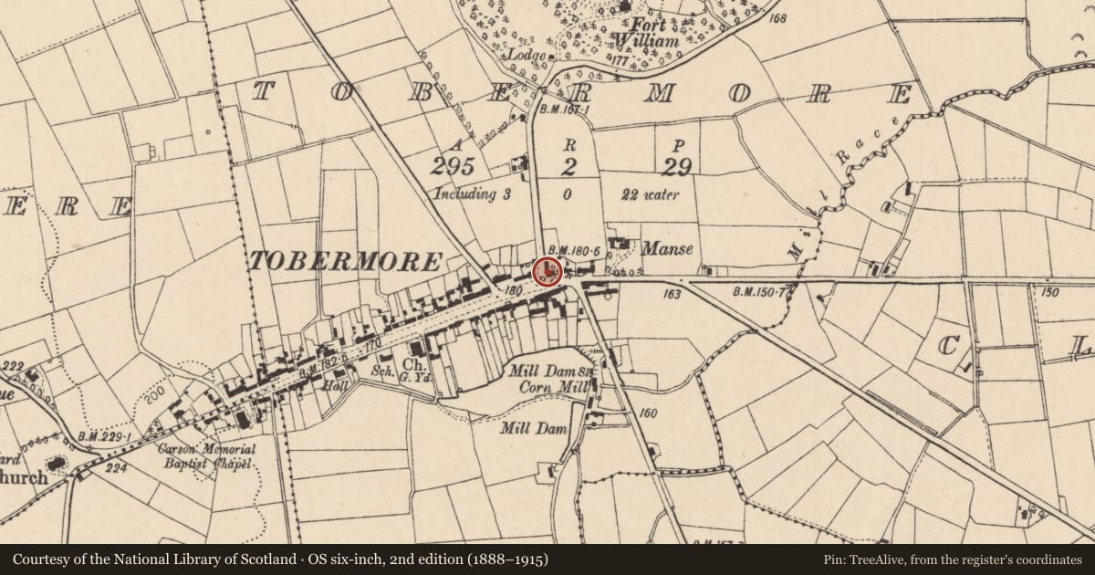 Ordnance Survey six-inch map, 2nd edition (1888–1915) covering the location of Fountain, Tobermore, Mid Ulster, with a pin at the register's coordinates