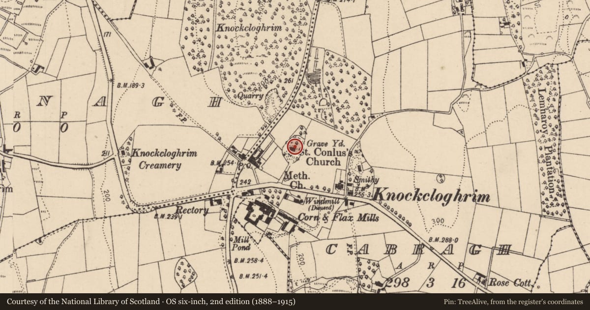 Ordnance Survey six-inch map, 2nd edition (1888–1915) covering the location of St. Conlus' Church (Termoneeny Parish Church), Mid Ulster, with a pin at the register's coordinates