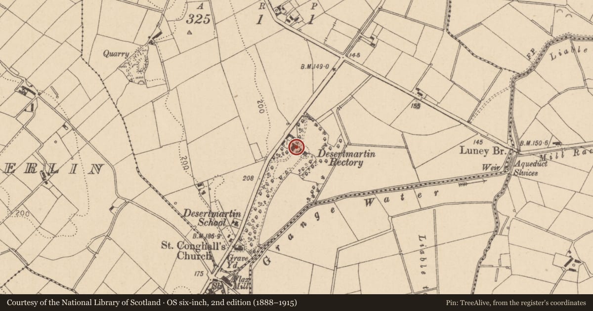 Ordnance Survey six-inch map, 2nd edition (1888–1915) covering the location of Desertmartin Rectory, Mid Ulster, with a pin at the register's coordinates