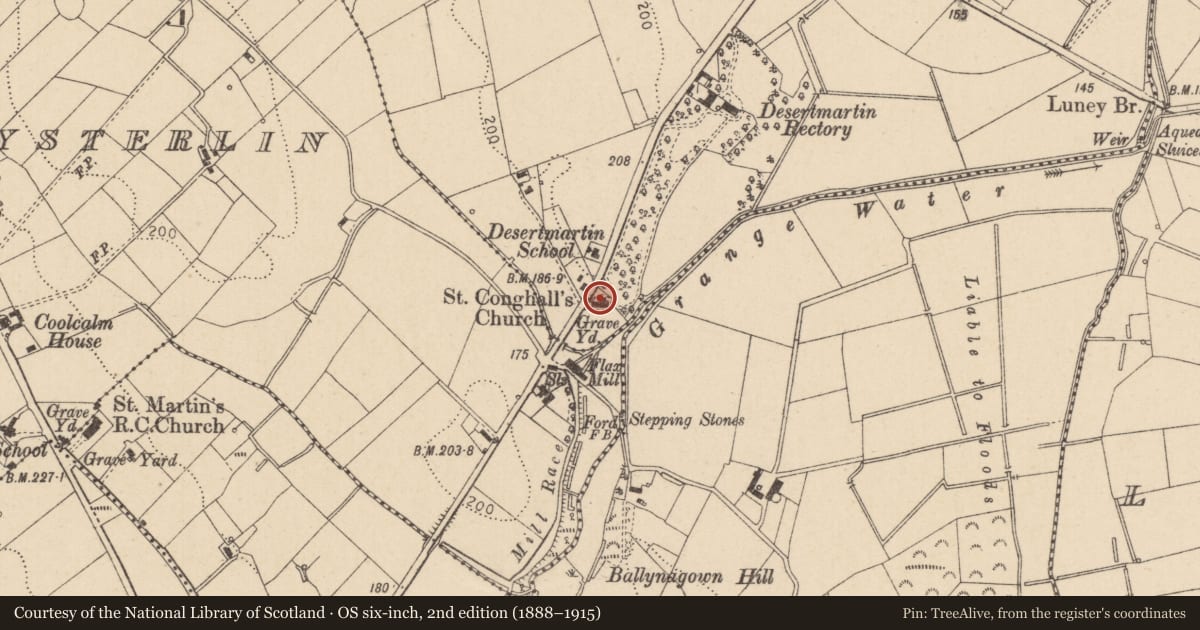 Ordnance Survey six-inch map, 2nd edition (1888–1915) covering the location of St. Comgall'S Church, Mid Ulster, with a pin at the register's coordinates