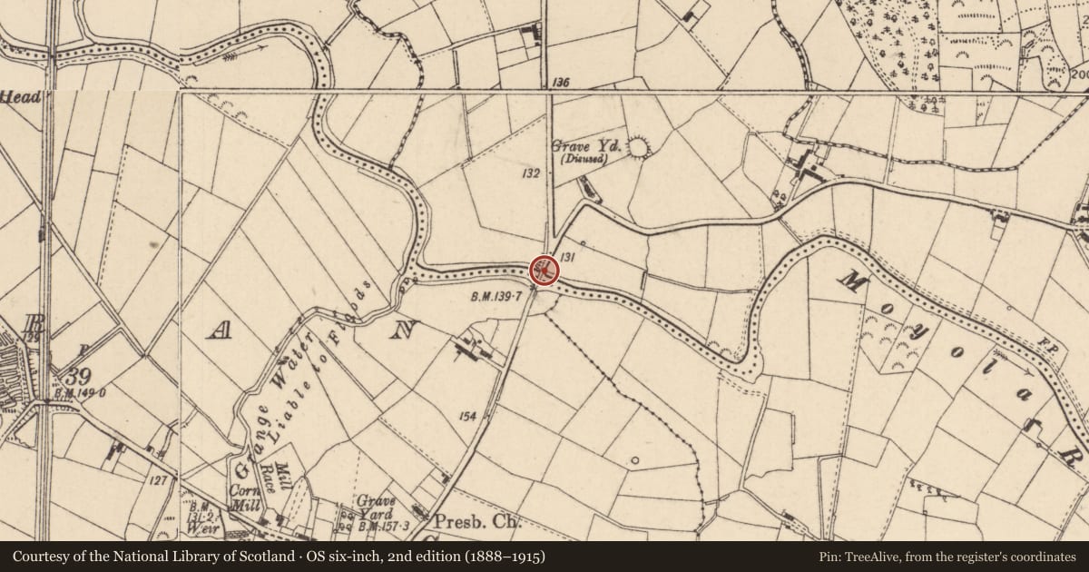 Ordnance Survey six-inch map, 2nd edition (1888–1915) covering the location of Curran Bridge, Mid Ulster, with a pin at the register's coordinates