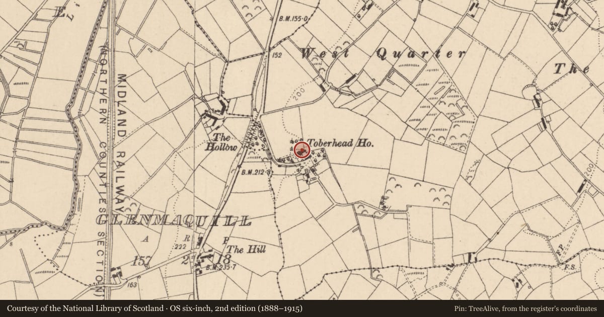 Ordnance Survey six-inch map, 2nd edition (1888–1915) covering the location of Toberhead House, Mid Ulster, with a pin at the register's coordinates