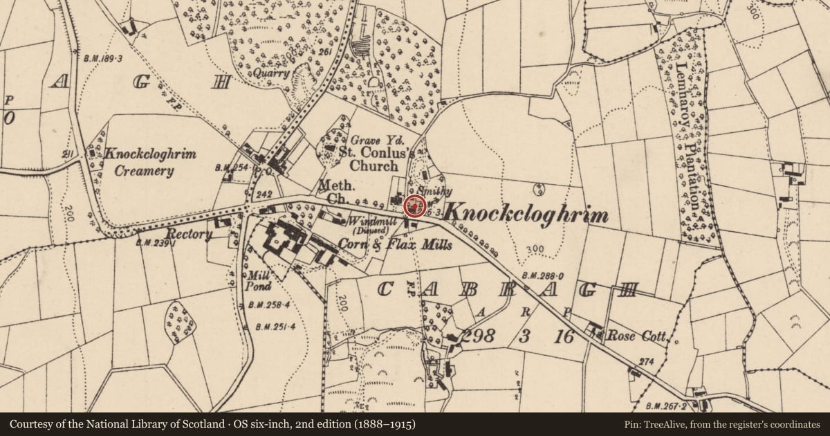Ordnance Survey six-inch map, 2nd edition (1888–1915) covering the location of Foreman'S Cottage, Mid Ulster, with a pin at the register's coordinates