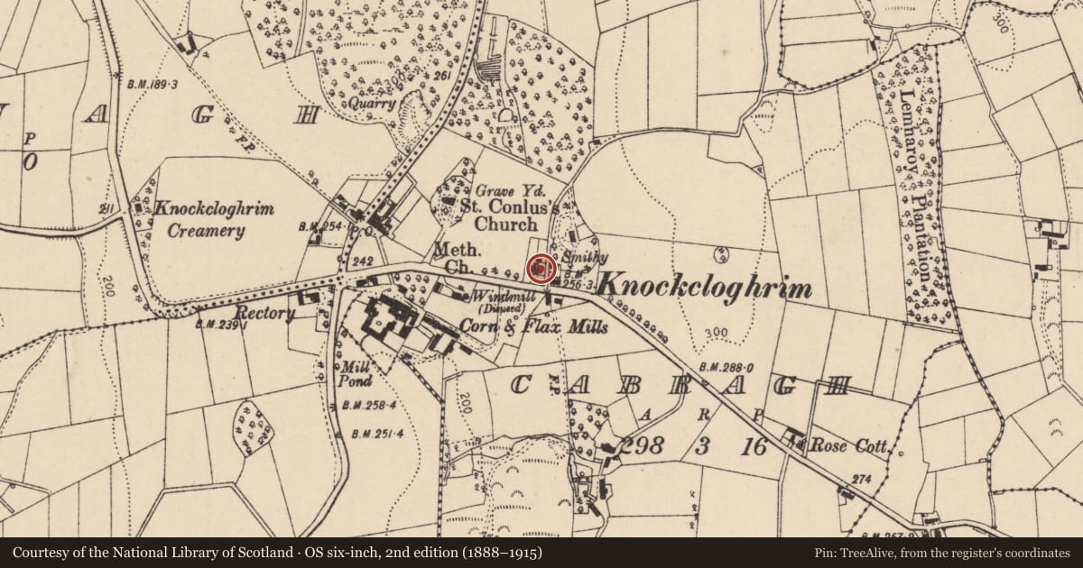 Ordnance Survey six-inch map, 2nd edition (1888–1915) covering the location of Worker'S Cottage, Mid Ulster, with a pin at the register's coordinates