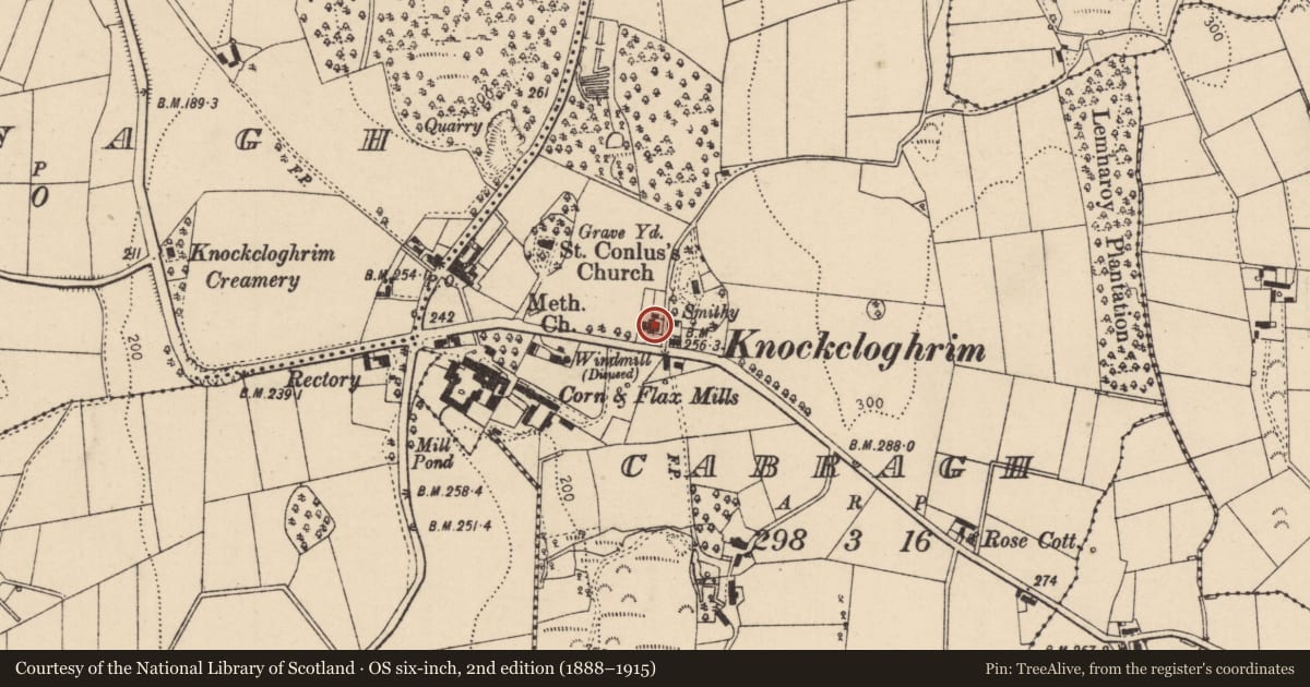 Ordnance Survey six-inch map, 2nd edition (1888–1915) covering the location of Worker'S Cottage, Mid Ulster, with a pin at the register's coordinates