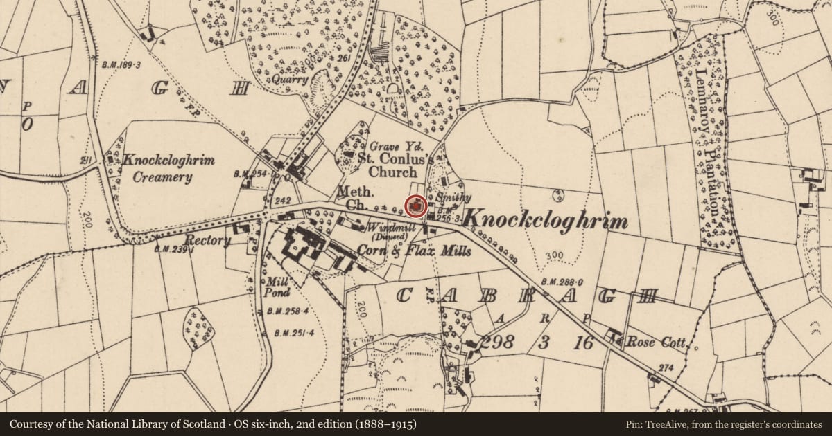 Ordnance Survey six-inch map, 2nd edition (1888–1915) covering the location of Worker'S Cottage, Mid Ulster, with a pin at the register's coordinates