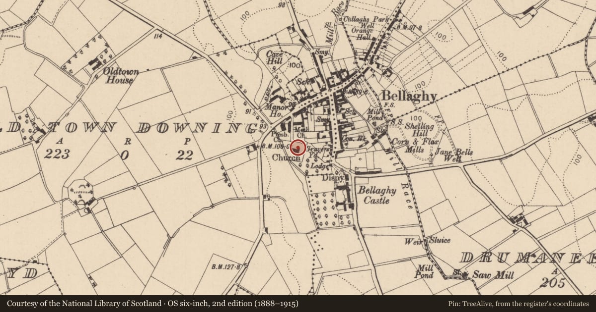 Ordnance Survey six-inch map, 2nd edition (1888–1915) covering the location of Ballyscullion Parish Church (Church Of Ireland), Mid Ulster, with a pin at the register's coordinates