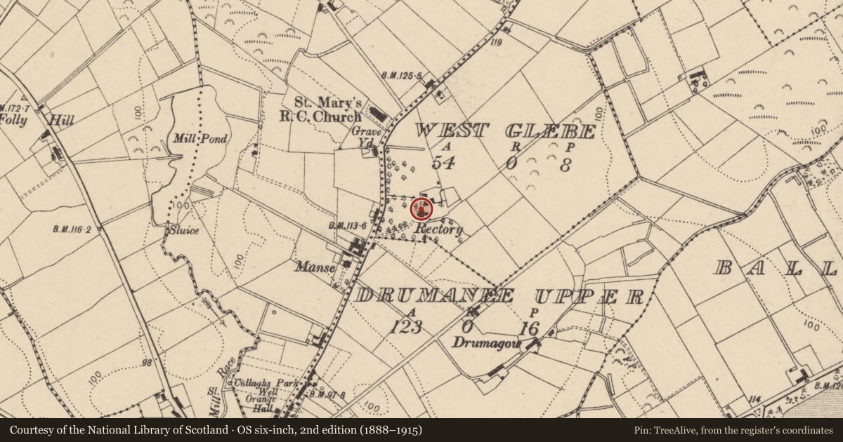 Ordnance Survey six-inch map, 2nd edition (1888–1915) covering the location of RECTORY, Mid Ulster, with a pin at the register's coordinates