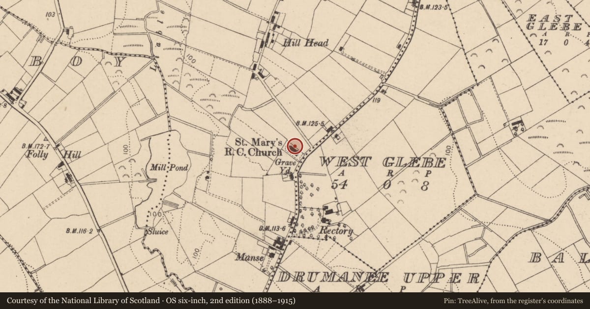 Ordnance Survey six-inch map, 2nd edition (1888–1915) covering the location of St. Mary'S Rc Church, Mid Ulster, with a pin at the register's coordinates