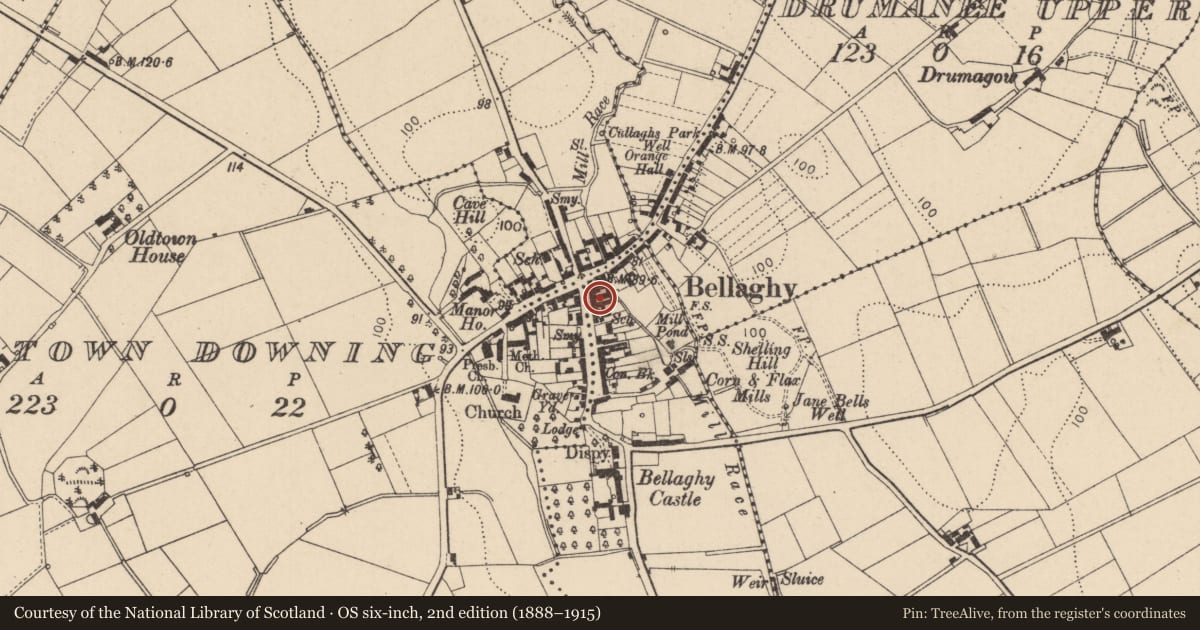 Ordnance Survey six-inch map, 2nd edition (1888–1915) covering the location of 8-10 Castle St., Mid Ulster, with a pin at the register's coordinates