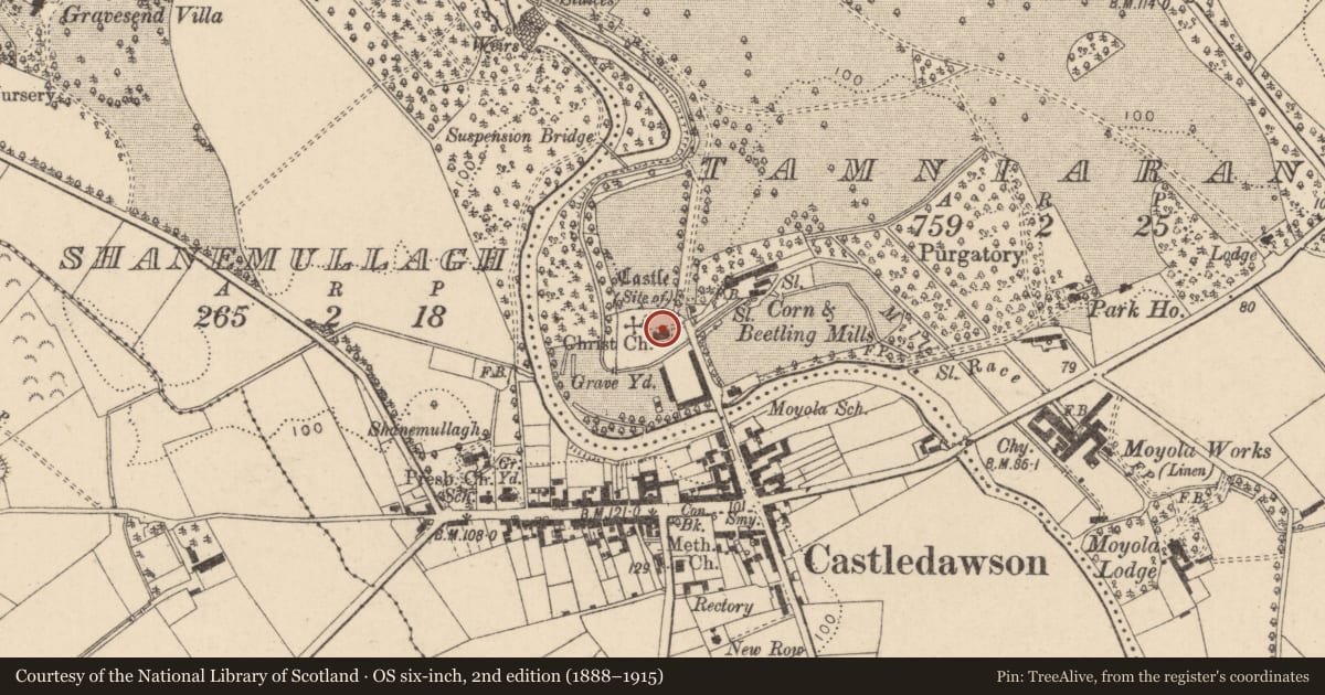 Ordnance Survey six-inch map, 2nd edition (1888–1915) covering the location of Christ Church, CASTLEDAWSON, Mid Ulster, with a pin at the register's coordinates