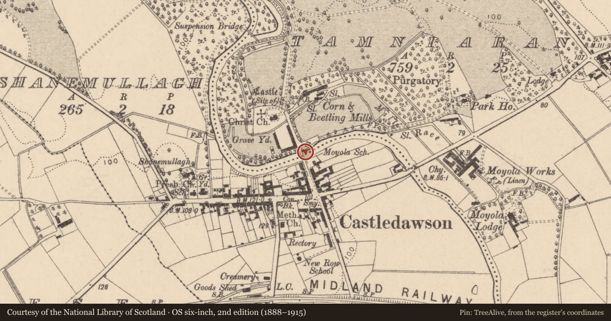 Ordnance Survey six-inch map, 2nd edition (1888–1915) covering the location of BRIDGE, Mid Ulster, with a pin at the register's coordinates