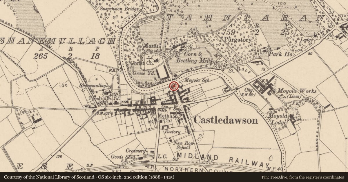 Ordnance Survey six-inch map, 2nd edition (1888–1915) covering the location of 14-16 Bridge Street (aka Bridge house) Castledawson, Magherafelt, Co Londonderry BT45 8AD, Shanemullagh, Mid Ulster, with a pin at the register's coordinates