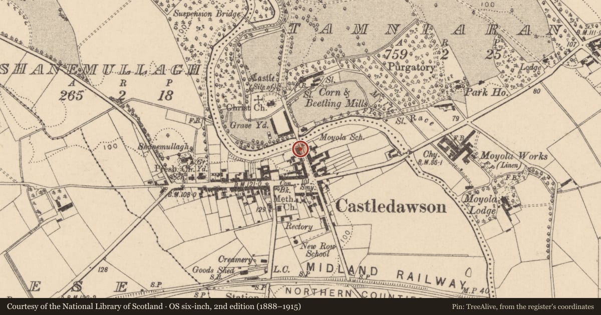 Ordnance Survey six-inch map, 2nd edition (1888–1915) covering the location of Pump at rear of Bridge House, Shanemullagh, Mid Ulster, with a pin at the register's coordinates