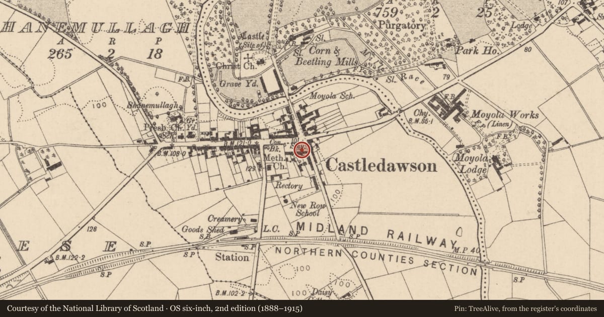 Ordnance Survey six-inch map, 2nd edition (1888–1915) covering the location of The Gravel, Mid Ulster, with a pin at the register's coordinates