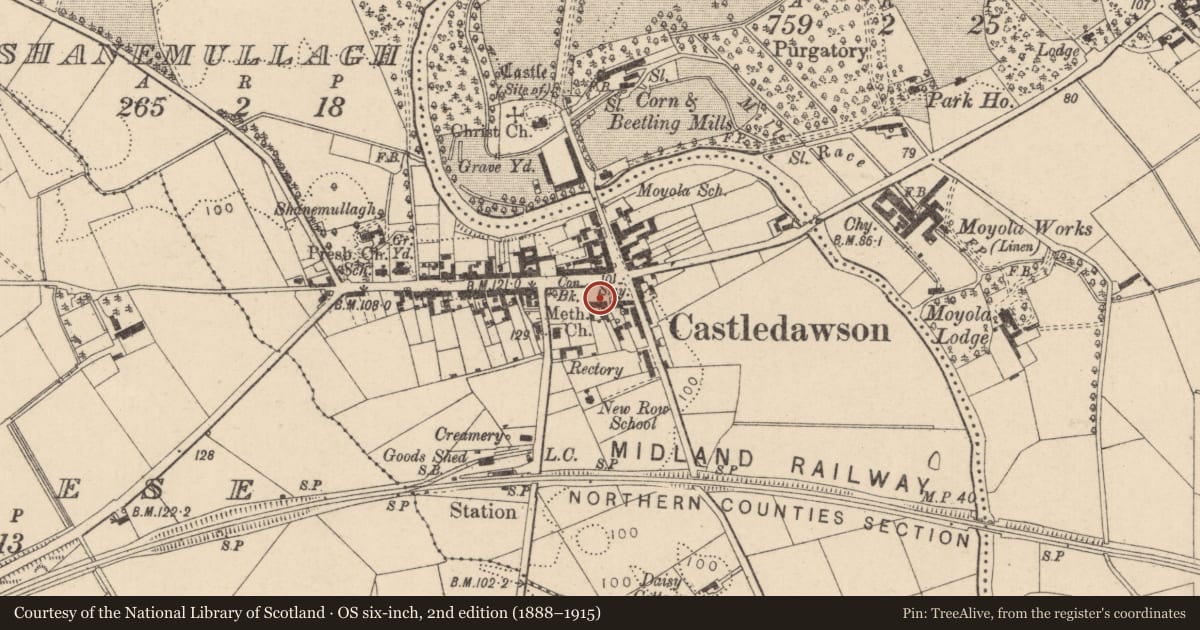 Ordnance Survey six-inch map, 2nd edition (1888–1915) covering the location of Chichester Club, Mid Ulster, with a pin at the register's coordinates