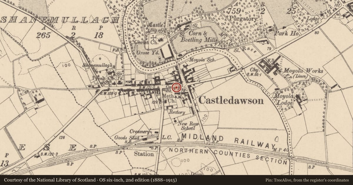 Ordnance Survey six-inch map, 2nd edition (1888–1915) covering the location of Pump, Shanemullagh, Mid Ulster, with a pin at the register's coordinates