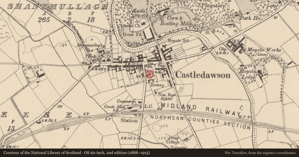 Ordnance Survey six-inch map, 2nd edition (1888–1915) covering the location of Christ Church (C of I) parochial hall, Shanemullagh, Mid Ulster, with a pin at the register's coordinates